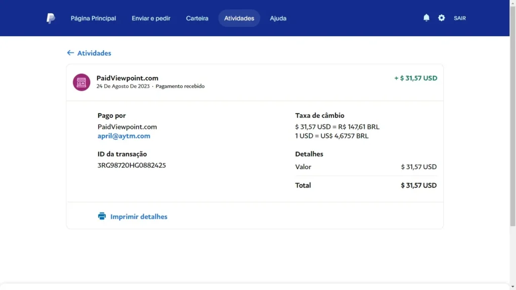 Print screen do pagamento via PayPal do PaidViewpoint