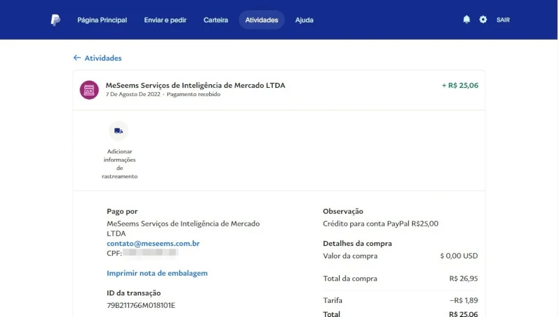 Print screen do pagamento do MeSeems via PayPal