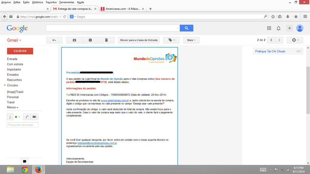 Mundo de Opiniões é confiável? Print screen do recebimento do vale presente